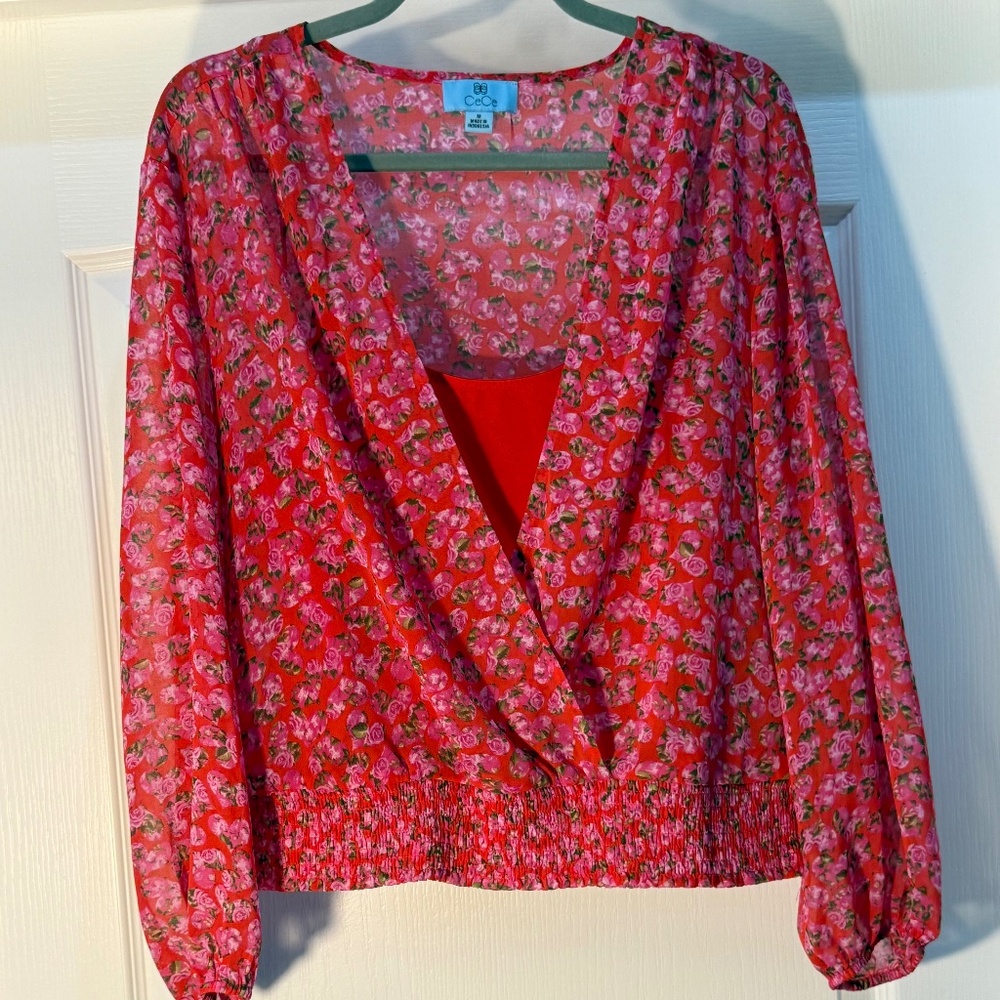 CeCe Shirt Red Rose Print Cross Over With Red Tank Women’s Size M Long Sleeve
